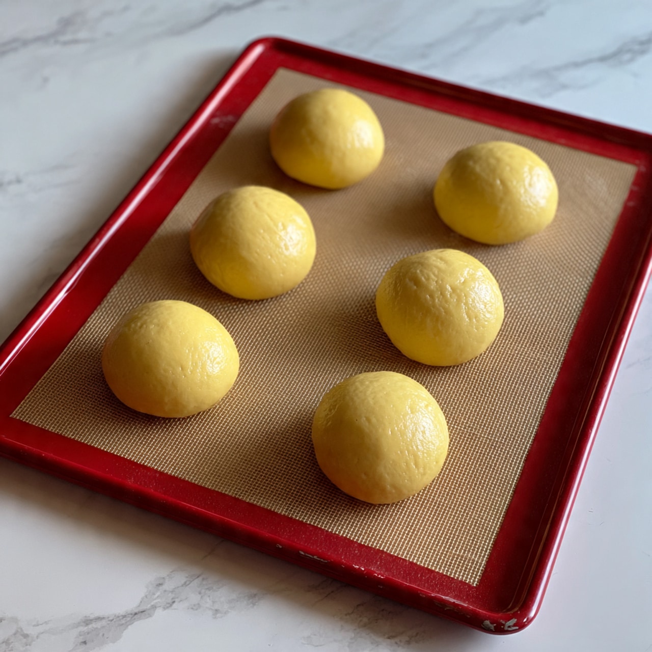 The image shows a baking tray lined with a light brown silicone mat. On the mat, there are seven small, round dough balls evenly spaced, each with a smooth, shiny yellow surface. The dough balls look soft and slightly sticky, all similar in size, arranged in a simple grid. The tray edges have a red border, but the focus is on the pale, uniform dough balls ready to be baked. The setting is on a white marbled surface. photo taken with an iphone --ar 4:5 --v 7