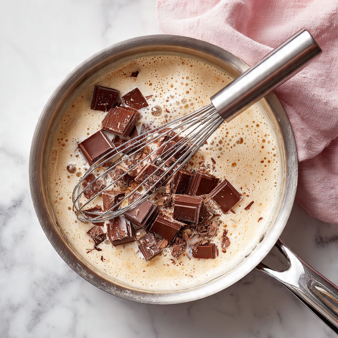 A silver pot filled with a light cream mixture with small bubbles on the surface, mixed with large, dark brown chocolate chunks scattered on top. A silver whisk is placed inside the pot, with its handle extending out to the side. The pot sits on a white marbled surface with a partially visible soft pink cloth in the top right corner. photo taken with an iphone --ar 4:5 --v 7