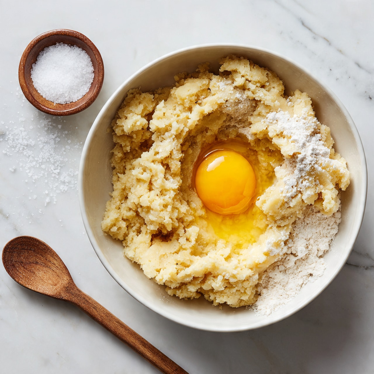 A white bowl filled with a chunky, pale dough-like mixture with a raw egg cracked into the center, showing the bright yellow yolk and clear egg white on top. The inside of the bowl is dusted with white flour, with some sticking to the sides. Next to the bowl on the left side, there is a small round container with white salt and a wooden spoon resting beside it on a white marbled surface. photo taken with an iphone --ar 4:5 --v 7