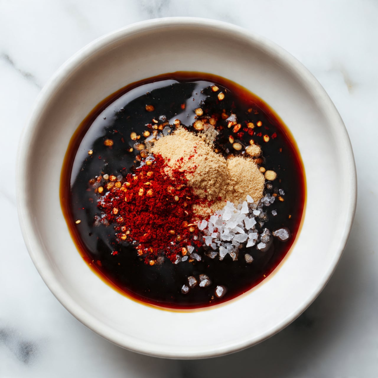 A white bowl holding a dark thick sauce with a smooth glossy texture, topped with small piles of red and light beige powders and a few clear granules. The sauce looks shiny and slightly thick, pooling around the powders in the center. The bowl sits on a white marbled surface that adds clean contrast to the deep colors of the sauce and spices. photo taken with an iphone --ar 4:5 --v 7