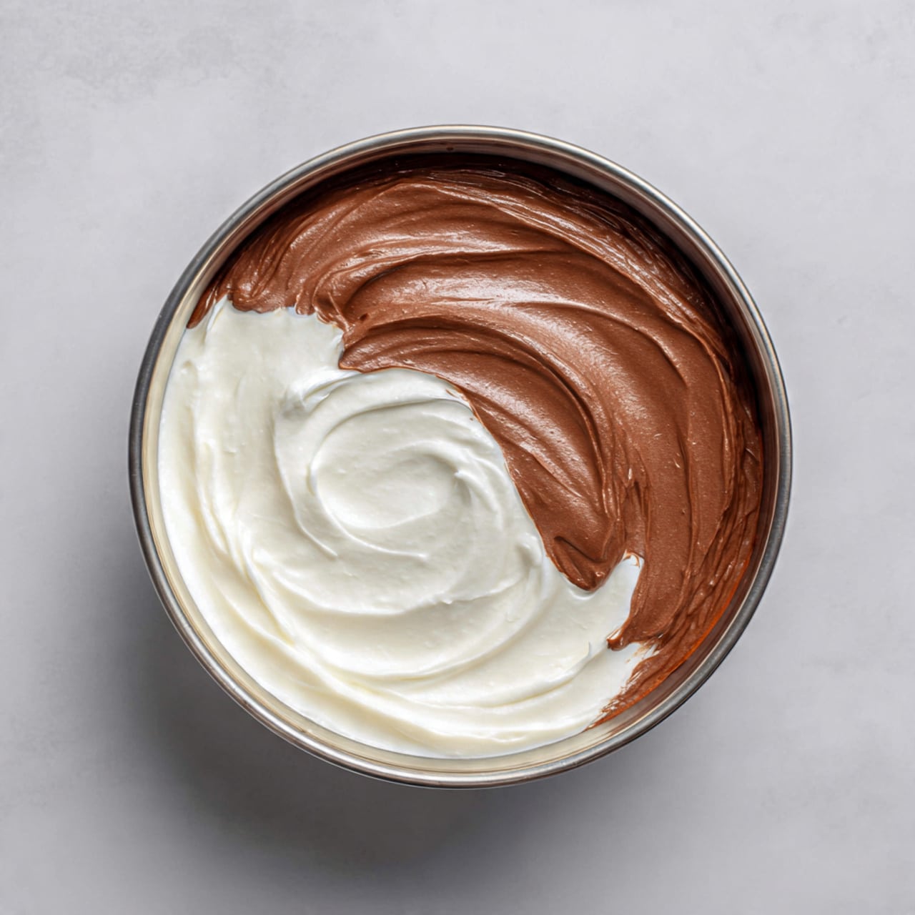 Inside a shiny metal bowl, there are two layers of soft creamy textures. The bottom layer is smooth and white, looking like thick cream, while the top layer is rich and chocolate brown with a glossy, slightly swirled surface. The two layers sit closely together in the center of the bowl, creating a contrast between the light and dark colors. photo taken with an iphone --ar 4:5 --v 7