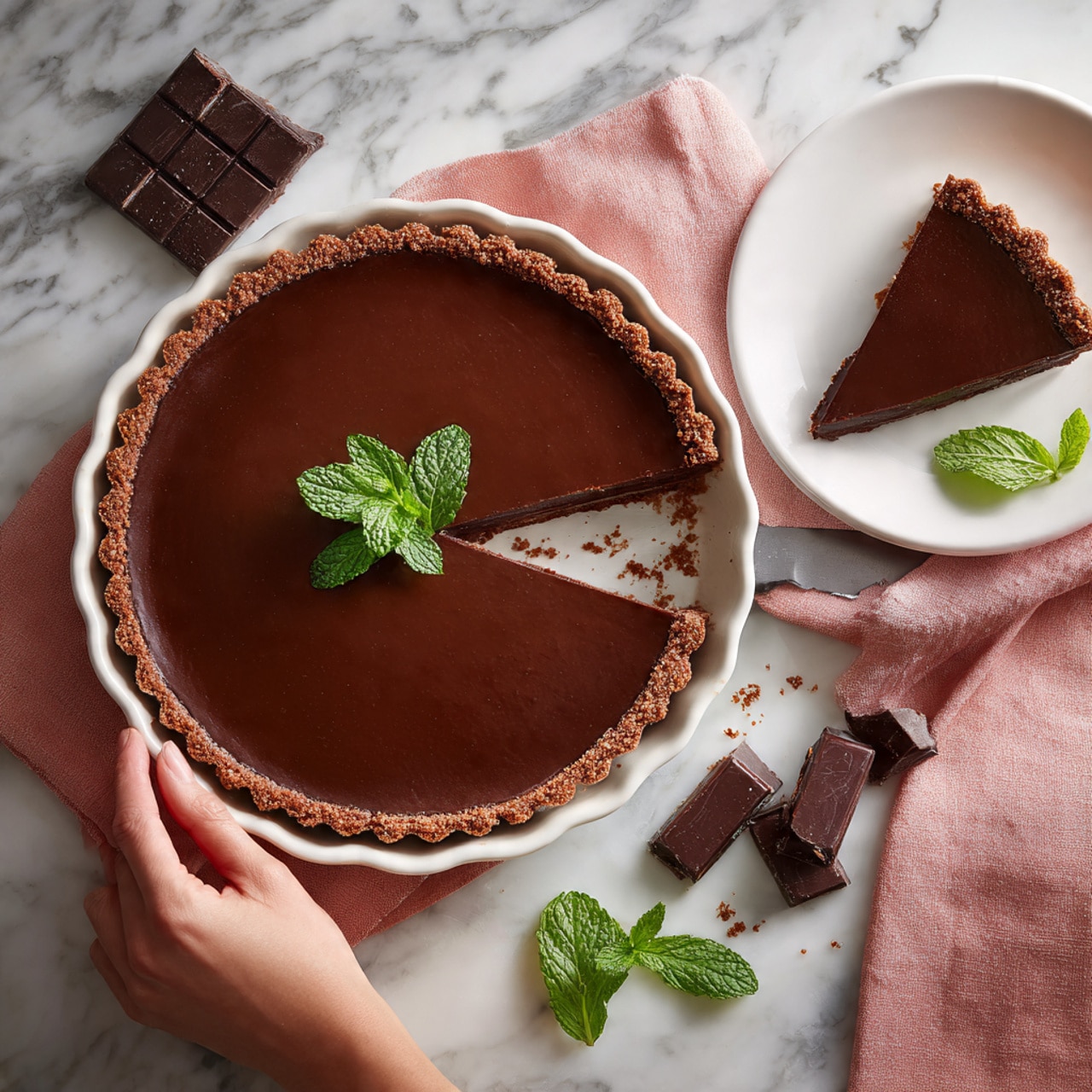 A smooth, shiny chocolate tart with a golden-brown, crimped crust is shown in a white tart pan. One slice is cut and slightly pulled out, revealing a rich, dark chocolate filling inside with a glossy surface. The tart is decorated with a small fresh green mint leaf on top. Nearby, on a white marbled surface, there is a white plate with a slice of the tart and a few small pieces of broken dark chocolate along with green mint leaves beside it. A woman's hand holding a knife rests next to the tart, and a soft pink cloth is placed under the tart pan. Photo taken with an iphone --ar 4:5 --v 7