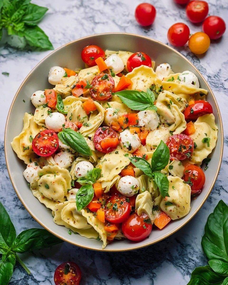 A white bowl filled with a colorful pasta salad showing three main layers: the bottom layer is light yellow ravioli with a soft texture, the middle layer has bright red halved cherry tomatoes and small white mozzarella balls speckled with herbs, and the top layer features fresh green basil leaves scattered around. Mixed throughout are small diced orange bell peppers and pieces of marinated artichoke hearts in pale beige, all sitting on a white marbled surface with whole cherry tomatoes and basil leaves around the bowl for decoration. Photo taken with an iphone --ar 4:5 --v 7