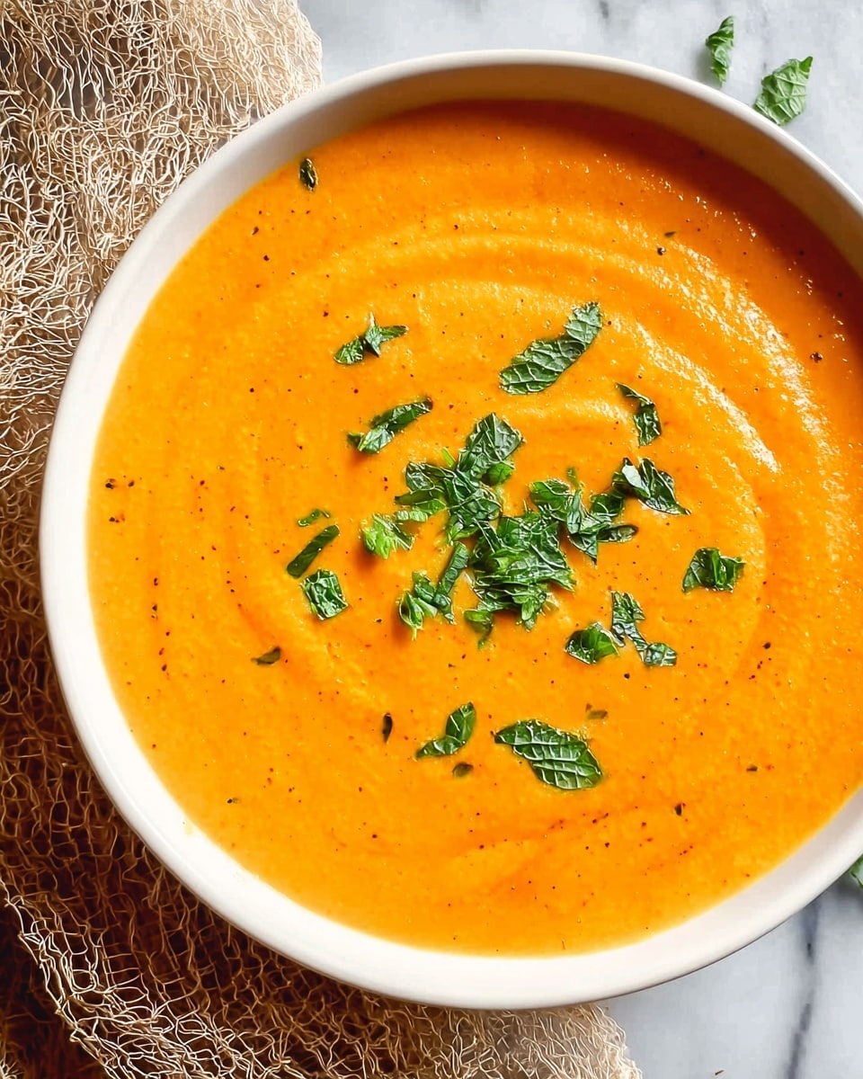 A top view of a black saucepan filled with smooth orange soup, evenly thick with a slightly textured surface. A silver ladle with a long handle rests inside the saucepan, scooping up some of the soup, showing its creamy and consistent texture. The pot has black handles on both sides, and the edges of the saucepan show some splashes of soup. The background is a white marbled texture beneath a rustic, metal grid surface under the saucepan. photo taken with an iphone --ar 4:5 --v 7