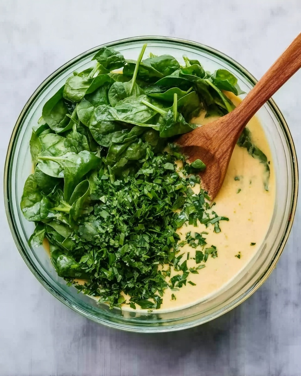 A clear glass bowl sits on a white marbled surface, filled with three main layers. The bottom layer is a smooth, creamy light yellow liquid. On top of this, one half of the surface is covered with bright green fresh spinach leaves that are slightly crinkled and layered thickly. The other half is covered with finely chopped, darker green herbs, looking soft and fresh. A wooden spoon with a long handle rests inside the bowl, partly submerged in the mixture. Photo taken with an iphone --ar 4:5 --v 7