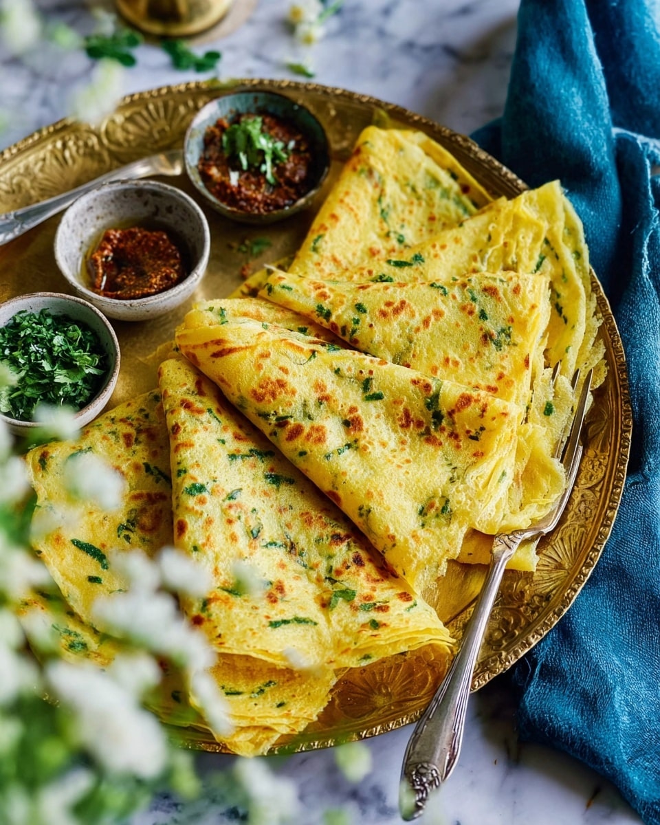 The image shows several folded yellow crepes with green herbs mixed into the batter, stacked on a decorative gold-colored plate. The crepes have a soft texture with light brown spots and a slight crisp on the edges. On the plate's lower edge, there are three small bowls containing different sauces or pastes in shades of dark brown, green, and reddish-brown. A silver fork is resting on the crepes, partially inserted into one, and a blue cloth is placed on the right side of the plate. The background features a white marbled texture with blurred white flowers in the foreground, giving a fresh and vibrant look. photo taken with an iphone --ar 4:5 --v 7