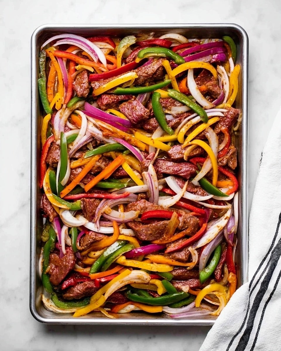 A metal baking tray filled with thin slices of raw meat mixed with long strips of red, yellow, green, and orange bell peppers, along with thin pieces of white and purple onion spread evenly across the tray. The vegetables and meat are coated with a dark seasoning that gives a reddish-brown tint to some parts. The tray sits on a white marbled surface with a folded white cloth with black stripes at the bottom right corner. Photo taken with an iphone --ar 4:5 --v 7