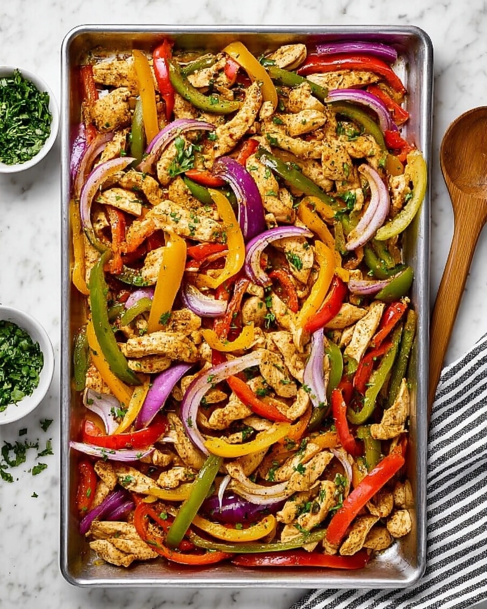 A large silver baking tray filled with cooked strips of light tan chicken mixed with bright red, yellow, and green bell pepper strips and slices of purple onion evenly spread across the tray. The colorful vegetables and chicken pieces have a slightly shiny texture from cooking and are sprinkled with bits of green herbs. The tray sits on a white marbled surface with a small bowl of green herbs on the top left and a wooden spoon and striped cloth on the right side. photo taken with an iphone --ar 4:5 --v 7