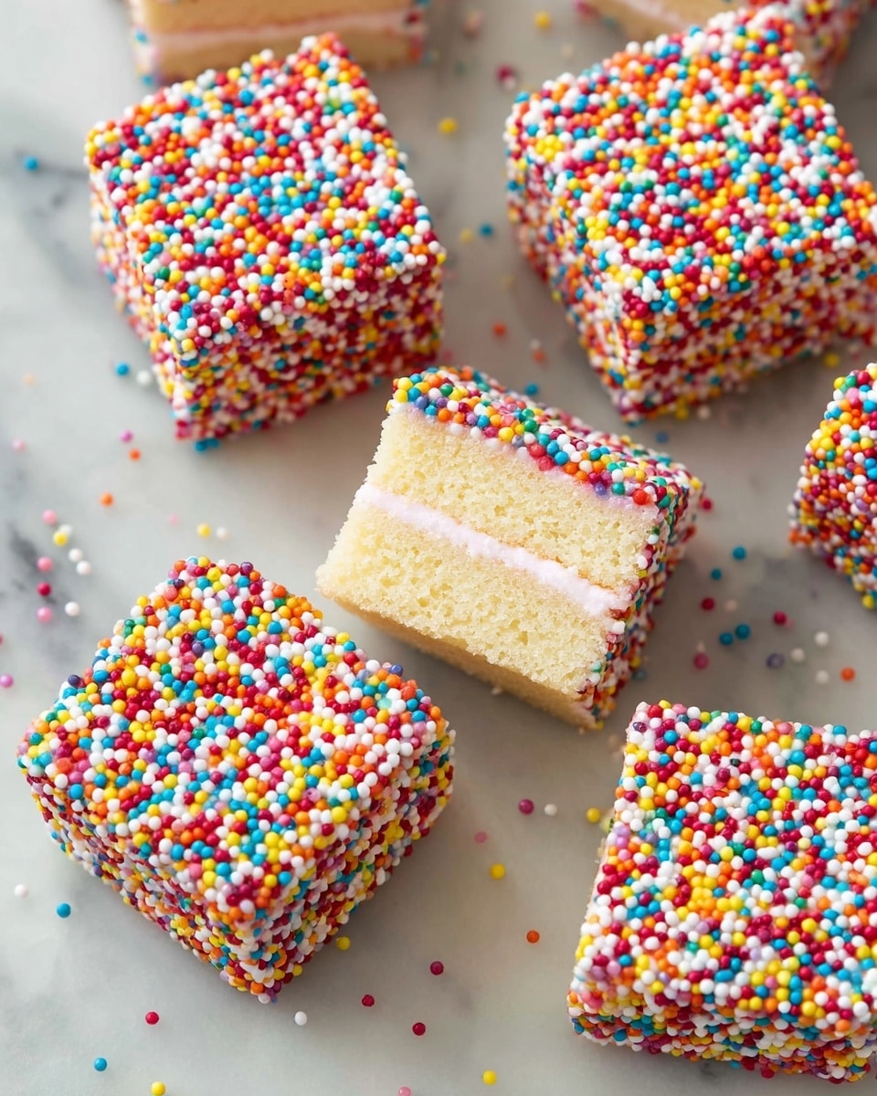 The image shows several small square cakes covered fully in tiny round sprinkles of many bright colors like red, yellow, blue, green, white, and orange. Each cake has two visible layers of light, soft yellow sponge with a thin layer of light pink cream between them. One cake piece is turned on its side, clearly showing the two sponge layers and the cream layer in the middle. The cakes are placed on a surface with a white marbled texture, and some sprinkles are scattered loosely around the cakes. Photo taken with an iphone --ar 4:5 --v 7