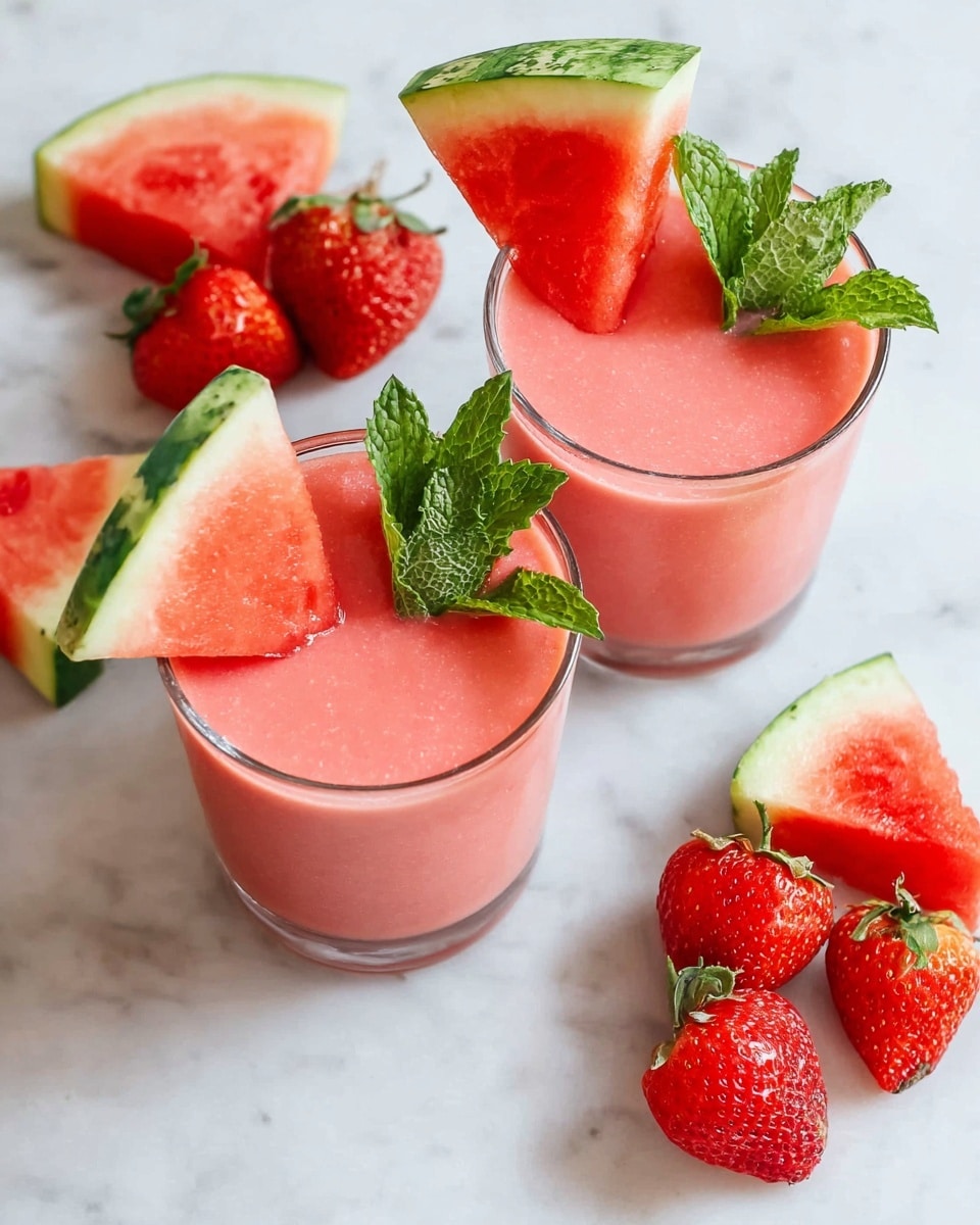 Two clear glasses are filled with smooth, pink watermelon smoothies. Each glass has one triangular slice of watermelon with red flesh and green rind tucked on the rim, along with a small bunch of fresh green mint leaves standing upright in the smoothie. Around the glasses, there are whole and sliced strawberries with bright red flesh and green tops, as well as two larger triangular watermelon slices showing juicy red and green layers. The scene is set on a white marbled surface, creating a fresh, bright background. photo taken with an iphone --ar 4:5 --v 7