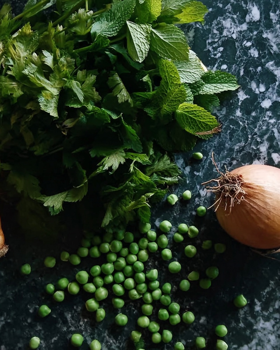 The image shows a bunch of green leafy herbs on the upper left side with fresh parsley and mint leaves. Below the herbs, there are scattered round green peas spread over a dark clean surface. On the lower right corner, a whole onion with a brown skin is partly visible with the root end showing. The background is changed to a white marbled texture photo taken with an iphone --ar 4:5 --v 7