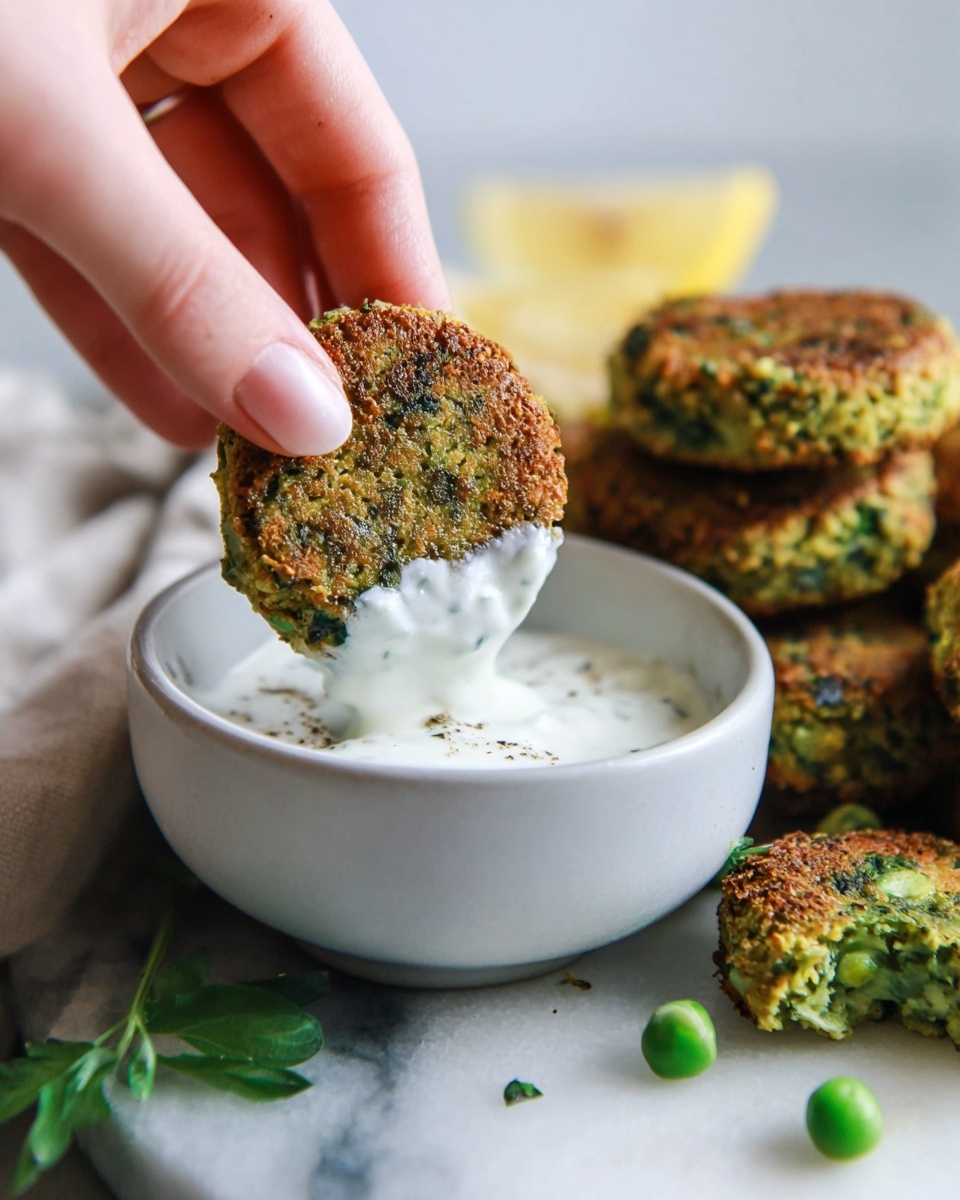 A woman's hand is holding a round, greenish-brown falafel with visible herb pieces, dipping it into a white bowl filled with a smooth, white yogurt sauce that slightly coats the falafel's bottom. On the white marbled surface, there are more falafel patties with a browned, crispy texture and green specks, some whole and one broken showing a soft, moist interior. A few fresh green peas and a small green herb sprig rest near the falafel, and a slice of lemon is partly visible behind the bowl. The scene is softly lit with a clean, fresh look. photo taken with an iphone --ar 4:5 --v 7