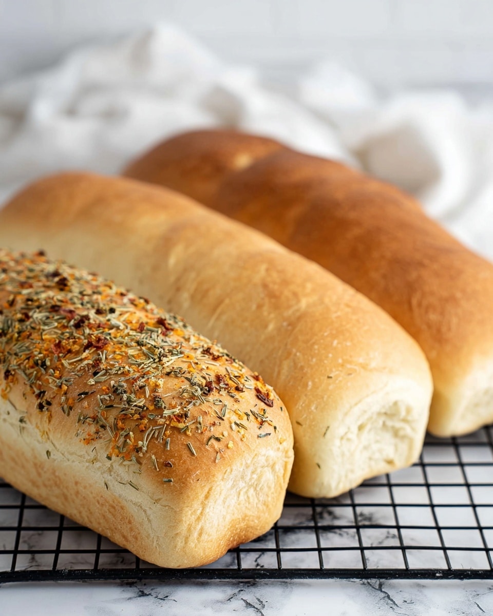 The image shows three long loaves of bread placed on a black wire cooling rack over a white marbled surface. Two of the loaves are plain with a soft golden-brown crust, smooth in texture, and the middle loaf is slightly lighter in color. The third loaf, closest to the camera, is topped with a mix of dried herbs and small bits of orange and white seasoning, giving it a textured and colorful look on a golden crust. A white cloth is softly blurred in the background, enhancing the fresh and warm feeling of the bread. Photo taken with an iphone --ar 4:5 --v 7