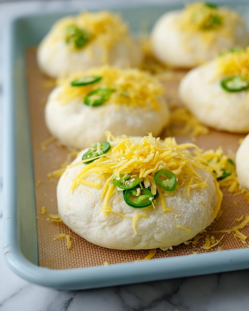 The image shows round dough balls placed on a light blue baking tray lined with a brown silicone mat, sitting on a white marbled surface. Each dough ball is puffy and soft, topped with a small pile of shredded bright yellow cheese and a few slices of green jalapeño peppers arranged on top. The cheese looks fresh and slightly scattered around the tray, with the green jalapeño slices adding color contrast. The dough has a smooth, pale texture, and the image focuses on the front dough ball with the others gently blurred in the background. Photo taken with an iphone --ar 4:5 --v 7