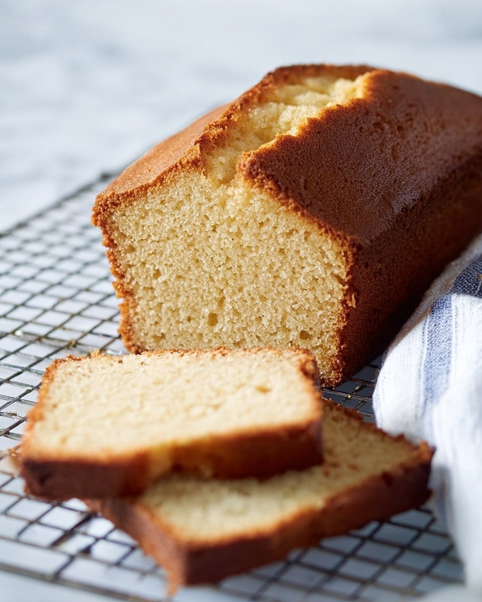A rectangular loaf of banana bread with a dark golden brown crust on top and lighter brown sides sits on a black cooling rack over a white marbled surface. The inside of the bread is light beige with a soft, moist texture speckled with small bits of banana. Two thick slices are cut from one end of the loaf, placed flat beside it, revealing the same light beige crumb and a slightly rough surface. Next to the loaf, a white cloth with thin grey stripes is casually folded. The background is softly blurred, keeping the focus on the bread. photo taken with an iphone --ar 4:5 --v 7