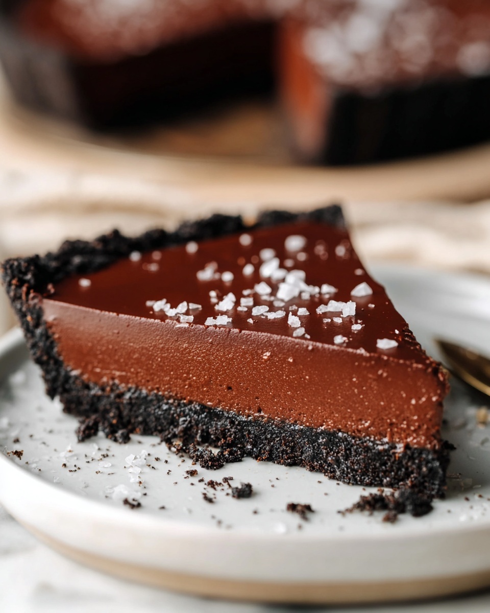 A slice of dark chocolate tart with three distinct layers is shown on a white plate over a white marbled surface. The bottom layer is a thick, crumbly dark chocolate crust with rough texture and uneven edges. Above it is a smooth and dense milk chocolate filling, slightly matte and thick. The top layer is a glossy, darker chocolate ganache that shines under the light and is sprinkled with coarse white sea salt flakes. Crumbs from the crust are scattered around the plate, adding to the rustic look. In the background, a blurred whole tart is visible. Photo taken with an iphone --ar 4:5 --v 7