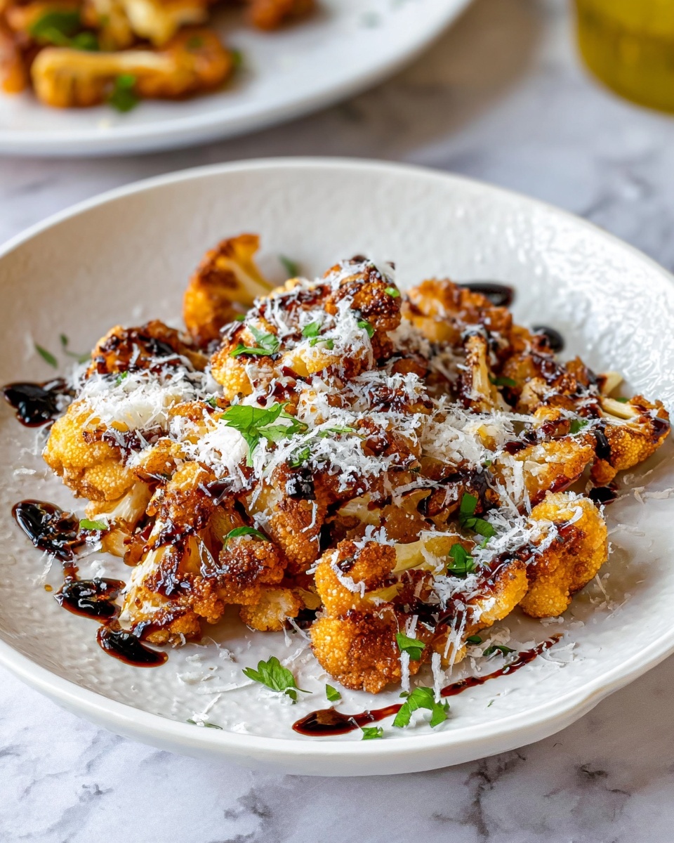 The dish shows a white plate with golden brown fried cauliflower pieces piled in the center. The cauliflower has a crispy texture with some darker fried edges. Over the top, there is a generous layer of finely grated white cheese sprinkled evenly, adding a snowy look. Drizzles of a dark balsamic glaze sauce are scattered on and around the cauliflower, creating a shiny contrast. Small green herb leaves, likely parsley, are sprinkled for a fresh touch. The plate sits on a white marbled surface with another white plate partly visible in the background, blurred. photo taken with an iphone --ar 4:5 --v 7
