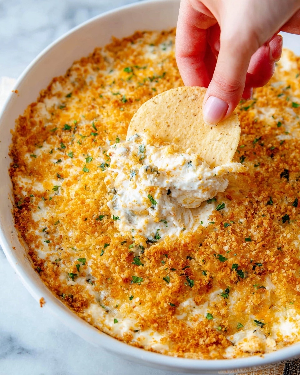 A white bowl holds a creamy dip with three main visible layers: a base of smooth, light beige cheese mix, topped with a golden-brown crispy breadcrumb layer with a rough, toasted texture, and small flecks of green herbs scattered around the edges. A woman's hand is dipping a triangular tortilla chip into the center, lifting a scoop of the creamy cheese from beneath the crispy top. The background shows a softly blurred white marbled surface. photo taken with an iphone --ar 4:5 --v 7