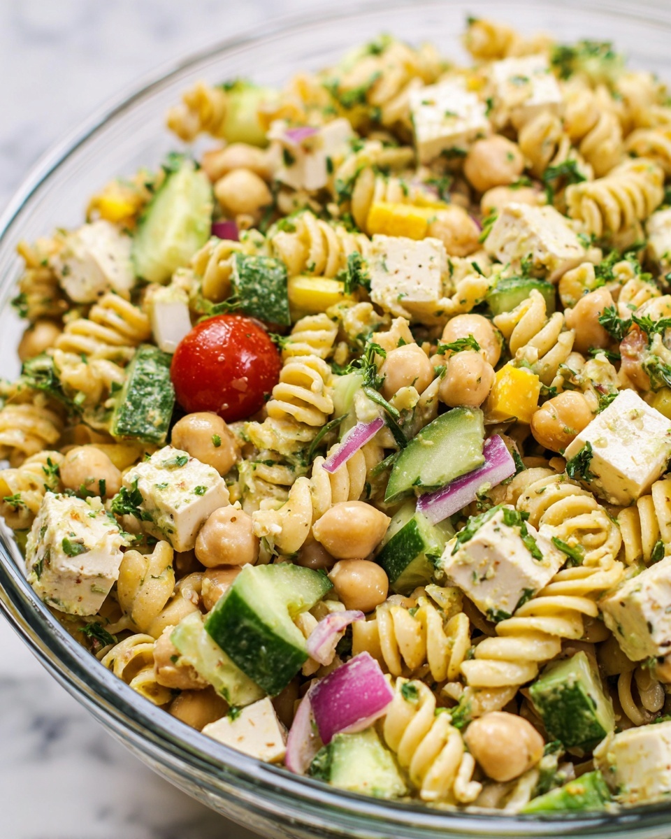 This image shows a close-up of a pasta salad in a clear glass bowl on a white marbled surface. The salad has many layers and colors: pale yellow twisted pasta forms the base layer, mixed evenly with light beige chickpeas. Small pieces of green cucumber and darker green parsley leaves are spread throughout. There are also small cubes of white tofu speckled with herbs, tiny reddish-purple onion pieces, and bright yellow bell pepper bits scattered around. Near the edge, a small whole red cherry tomato stands out, adding a pop of color. The textures vary from smooth tofu to crunchy vegetables, all mixed together. Photo taken with an iphone --ar 4:5 --v 7