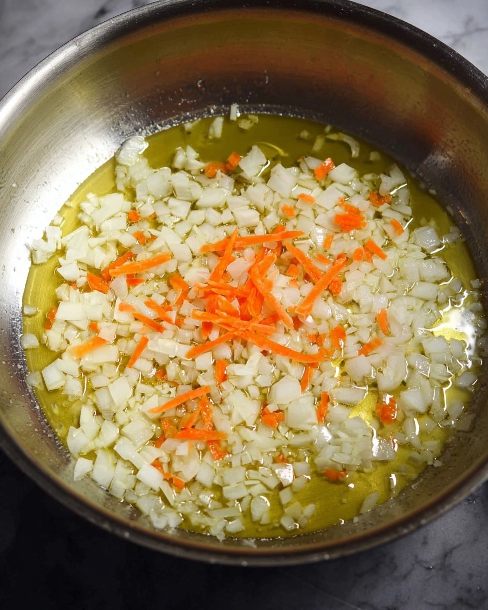 A close-up view of a stainless steel pan with two layers inside: the bottom layer is a shiny pool of light yellow oil covering the base, and the top layer consists of small, uneven white onion pieces mixed with a few thin, irregular orange carrot strips scattered mainly in the center. The pan is placed on a dark surface, but the background has been changed to a white marbled texture. photo taken with an iphone --ar 4:5 --v 7
