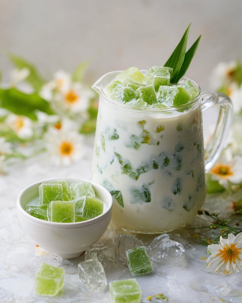 The image shows a clear glass jug filled with a creamy white drink mixed with many small, bright green pieces of jelly-like cubes throughout. On top of the drink, there are more green cubes along with a few green leaves standing upright. Next to the jug, there is a small white bowl that also contains the creamy drink with green cubes and leaves. The jug and bowl are placed on a white marbled surface with ice scattered around them and delicate white flowers with yellow centers surrounding the scene. The photo has a soft, natural light. photo taken with an iphone --ar 4:5 --v 7