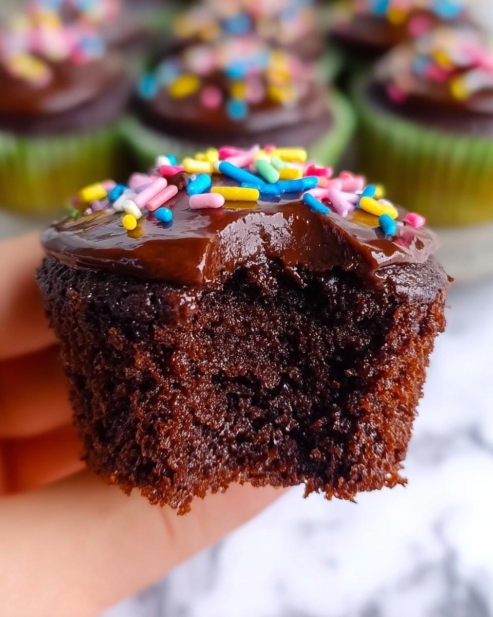 A close-up image of a chocolate cupcake held by a woman's hand, showing one visible layer of moist, dark brown chocolate cake with a slightly rough texture. The top layer is thick, shiny chocolate frosting with a smooth texture, sprinkled with small colorful cylinder-shaped sprinkles in colors like blue, pink, yellow, and red. The background shows blurred cupcakes on a white marbled surface. photo taken with an iphone --ar 4:5 --v 7
