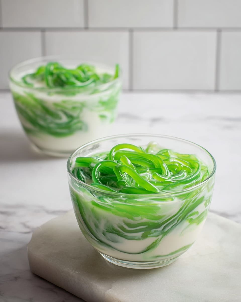 Two clear glass bowls sit on a white marbled surface; each bowl is filled with bright green, long, noodle-like strands submerged in a creamy white liquid. The green strands are layered throughout the milky base, creating a swirling pattern inside the bowls, with several strands resting on top, giving a textured look. The background features a white tiled wall, softening the focus behind the bowls. The closer bowl is slightly to the right in the foreground, while the second bowl is further back and centered. Photo taken with an iphone --ar 4:5 --v 7