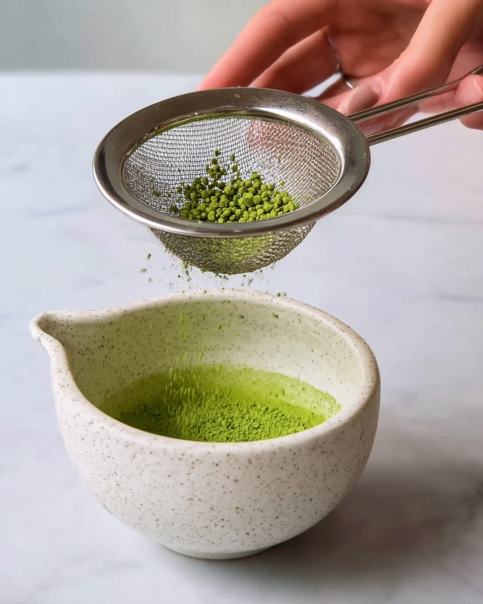 A woman's hand holds a small metal sieve above a white speckled bowl with a spout, sifting bright green powder that falls into the bowl. The green powder layers the inside bottom of the bowl with a fine, textured layer, while the metal sieve has small green pieces caught in its mesh. The background is a white marbled surface, giving a clean and simple look. Photo taken with an iphone --ar 4:5 --v 7