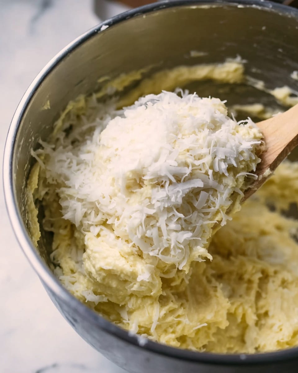 A close-up image shows a metal mixing bowl filled with a creamy, pale yellow mixture. On top of the mixture, there is a heap of white shredded texture that looks soft and fluffy. A wooden spatula is lifting the shredded layer, showing the thick, smooth, light yellow base underneath. The background is blurred, focusing on the bowl and the textures. The surface below the bowl is a white marbled texture photo taken with an iphone --ar 4:5 --v 7