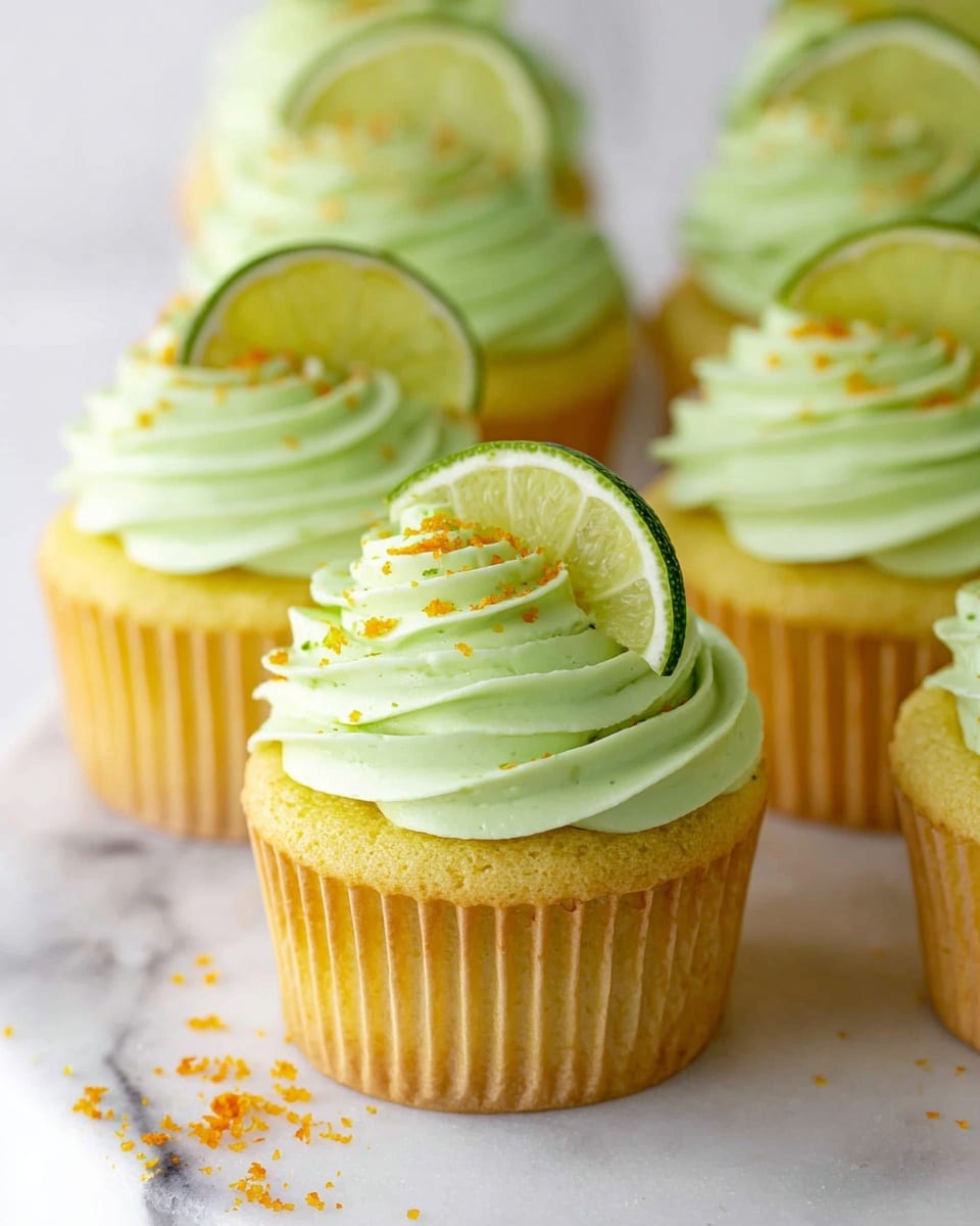 This image shows several yellow cupcakes arranged closely on a white marbled surface. Each cupcake has one thick swirl of light green frosting on top, which looks creamy and smooth. On top of the frosting of every cupcake, there is a thin slice of lime placed at the back edge of the swirl. Small orange crumbs or zest are sprinkled lightly on the frosting and around the cupcakes on the white marbled surface. The cupcakes have ridged liners matching the yellow cake color, and the photo is taken close-up with a soft focus on the front cupcake while the ones in the background are slightly blurred. Photo taken with an iphone --ar 4:5 --v 7