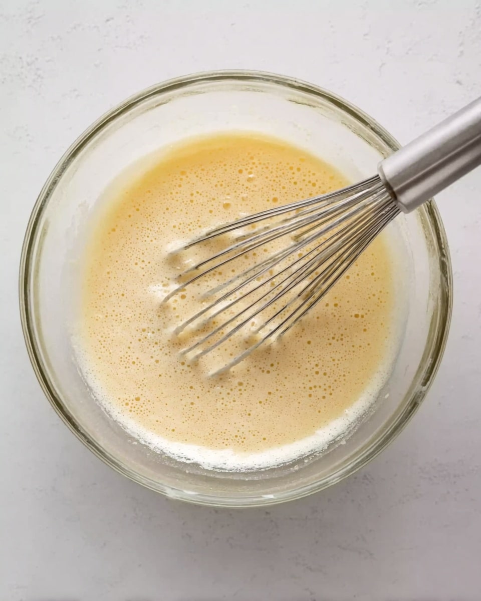 A clear glass bowl sits on a white marbled surface, holding a light yellow, smooth mixture with frothy bubbles on top. A metal whisk is partly dipped inside, with thin wires fanning out over the mixture. The scene focuses closely on the bowl and whisk, showing a simple and clean mixing process photo taken with an iphone --ar 4:5 --v 7