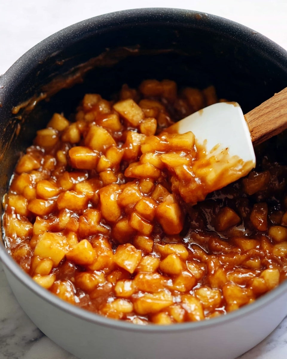 A close-up view of a pot filled with a chunky cooked mixture of small, yellow and brownish fruit pieces coated in a shiny, syrupy sauce. The fruit chunks vary slightly in size and are soft looking, blending into a thick, sticky, warm brown and amber sauce that fills the pot three-quarters full. A white spatula is being used to stir or scoop the mixture, covered in the same glossy sauce and fruit pieces, showing the texture and thickness of the mixture. The pot itself is dark inside, and the setting is on a white marbled surface. photo taken with an iphone --ar 4:5 --v 7
