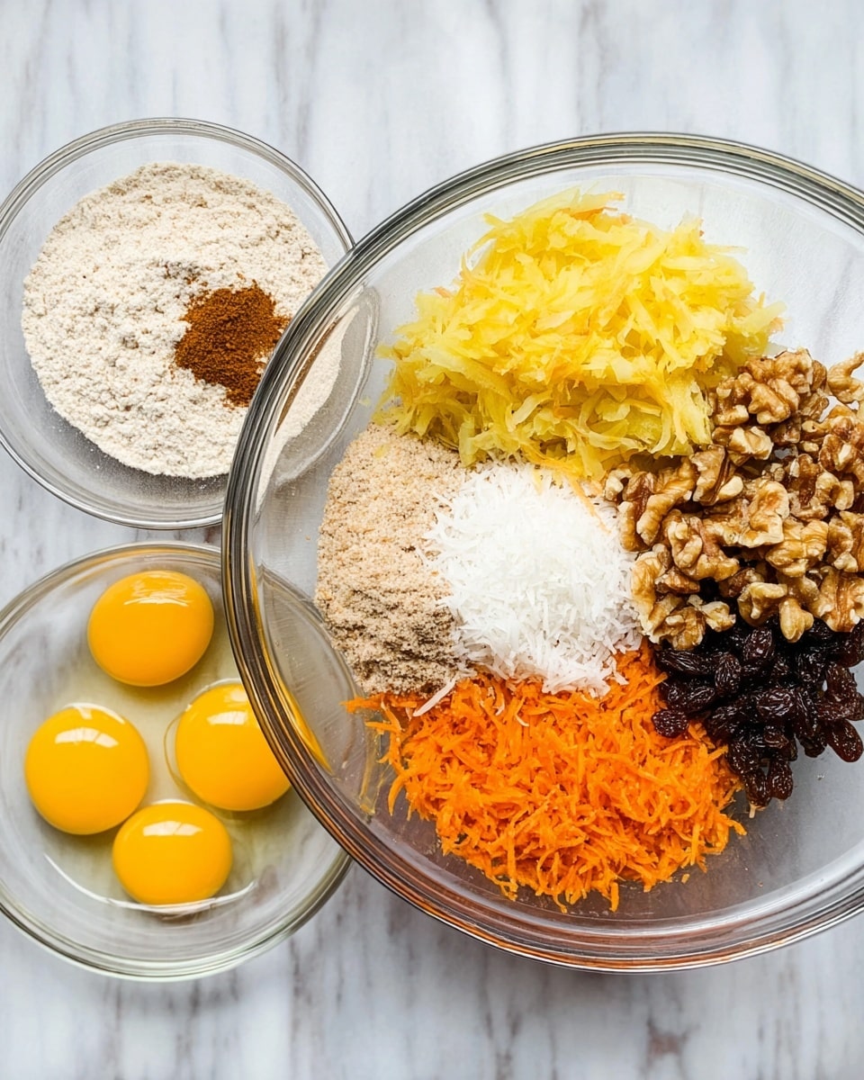 A clear glass bowl on the right shows many layers: a base of light beige flour with a small pile of dark raisins on the bottom left, to the right of the raisins is a brown spice powder, above that a light tan pile of shredded apple, next to it a bright yellow pile of crushed pineapple, above the pineapple is a white mound of shredded coconut, and finally on the top right a large mound of bright orange shredded carrots with chopped brown walnuts above the raisins. On the left side, a smaller clear glass bowl holds three raw eggs with bright yellow yolks and clear whites. The bowls sit on a white marbled surface. photo taken with an iphone --ar 4:5 --v 7