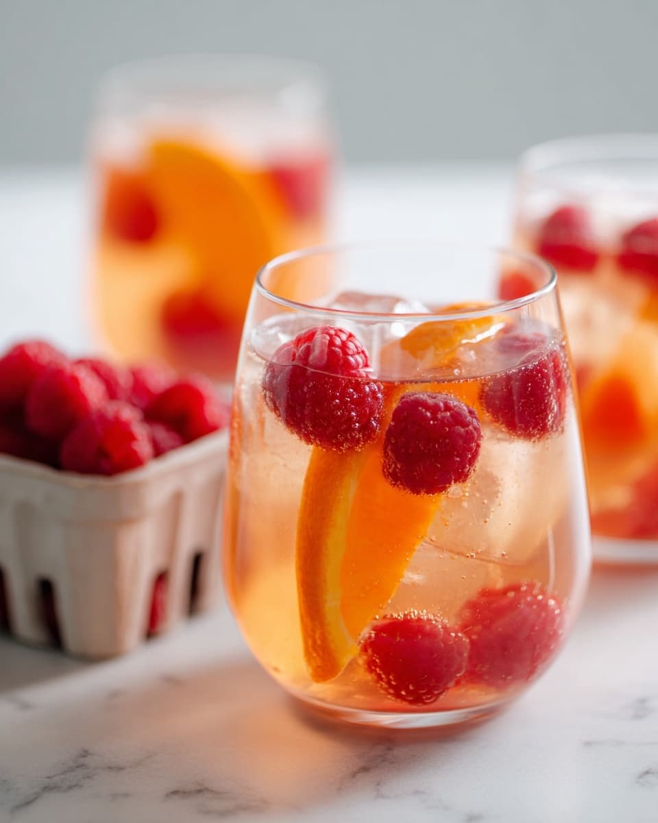 The image shows a clear glass filled with a light orange drink, ice cubes, and red raspberries floating inside, with a thin slice of orange wedged vertically in the middle. Behind this glass, there are two more out-of-focus glasses with the same drink and fruit, along with two small white cartons filled with fresh red raspberries on a white marbled surface. The drink looks refreshing with the mix of the orange slice and raspberries giving it a colorful and fresh look. photo taken with an iphone --ar 4:5 --v 7