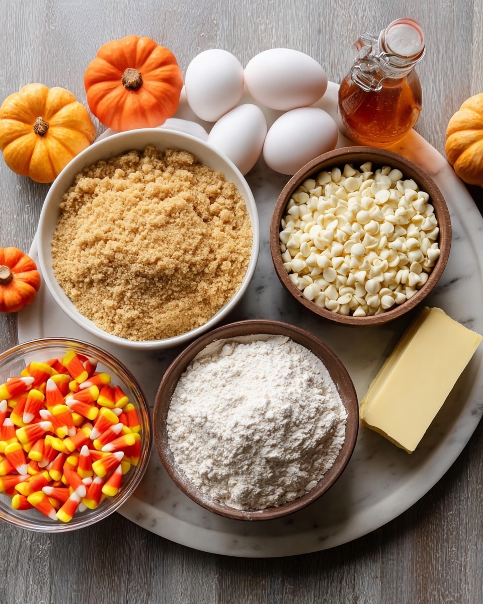 A large round tray holds several ingredients on a white marbled surface, including a white bowl full of light brown sugar with a crumbly texture placed on the left side and a white bowl filled with white chocolate chips on the right side. A brown bowl containing white flour with a powdery texture sits at the front right, while next to it is a rectangular block of pale yellow butter partially wrapped in foil. Four whole eggs with smooth cream-colored shells are arranged behind the flour bowl, alongside a small clear bottle of amber syrup with a swing-top cap. In front left is a clear bowl of candy corn with bright yellow, orange, and white colors, and there are small decorative orange and white pumpkins scattered nearby. photo taken with an iphone --ar 4:5 --v 7