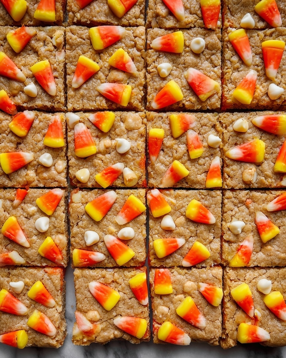 A close-up top view of a large square cookie bar cut into 16 equal pieces arranged in a 4x4 grid. The cookie bar has a light brown, rough texture with visible white chocolate chips scattered throughout. Each piece is topped with multiple candy corn pieces that are yellow at the bottom, orange in the middle, and white at the tip, giving the entire bar a festive, colorful look. The cookie bar sits on a white marbled surface. photo taken with an iphone --ar 4:5 --v 7