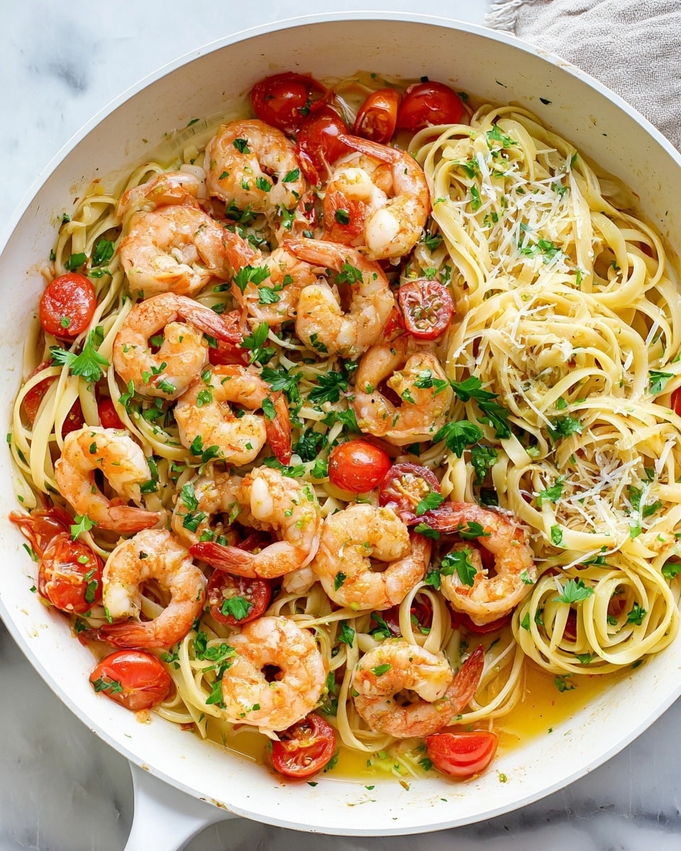 A white pan sits on a white marbled surface holding a bright shrimp pasta dish. The bottom layer features long, light yellow linguine noodles twisted and mixed throughout. On top of the pasta, there are many orange-pink cooked shrimp evenly spread around. Bright red cherry tomato halves are mixed in, adding pops of color. Green parsley leaves are scattered above the shrimp and pasta, and small shreds of pale cheese add texture on the top right. The whole dish has a light shine from a sauce that pools slightly at the bottom of the pan. Photo taken with an iphone --ar 4:5 --v 7