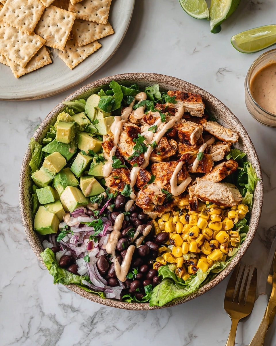A bowl filled with several layers starts with a base of green leafy lettuce. On one side, there are slices of cooked chicken with a brown, crispy look. Next to the chicken, there are fresh green avocado cubes. On the right side, there is grilled yellow corn with slight char marks. Below the corn, there are black beans, and some red onion slices peek through near the center. A drizzle of creamy sauce with a light beige color is on top near the chicken, garnished with some green herbs. The bowl itself has an earthy texture on the outside and sits on a white marbled surface. Nearby, there is a white plate stacked with square crackers, a wedge of lime, and two gold forks. Photo taken with an iphone --ar 4:5 --v 7