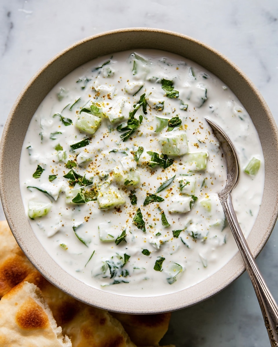 A close-up image of a medium deep white bowl filled with a thick white sauce containing small chunks of cucumber and green herbs mixed throughout, topped with scattered finely chopped green herbs and a light dusting of yellowish spice powder on top. A silver spoon rests inside the bowl with its handle extending outward. The bowl sits on a white marbled surface with pieces of naan bread partly visible at the bottom left corner of the image. photo taken with an iphone --ar 4:5 --v 7