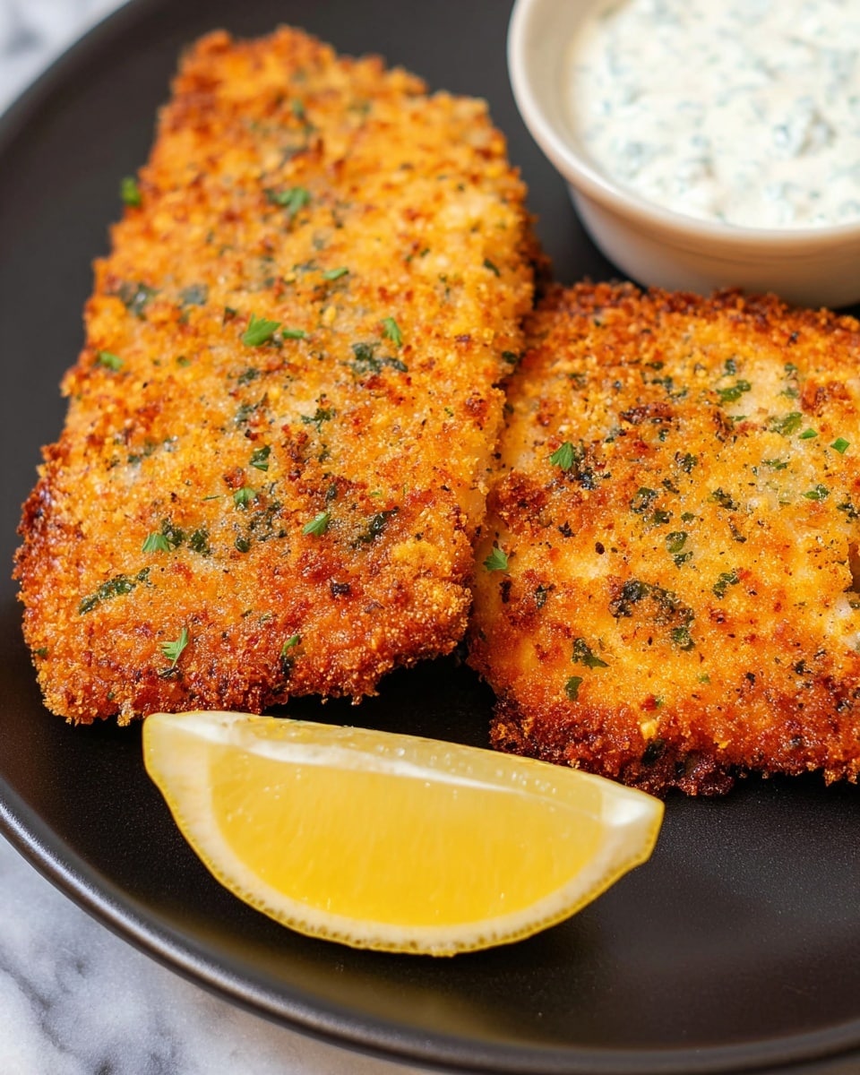 The image shows two golden brown, crispy breaded fish fillets placed close together on a matte black plate. The fish fillets have a crunchy texture with visible green herb specks in the breading. A small white bowl containing creamy white tartar sauce with green herb pieces sits to the upper right of the fillets. Below the fillets is a fresh yellow lemon slice with a bright, juicy look. All items rest on a white marbled surface. Photo taken with an iphone --ar 4:5 --v 7