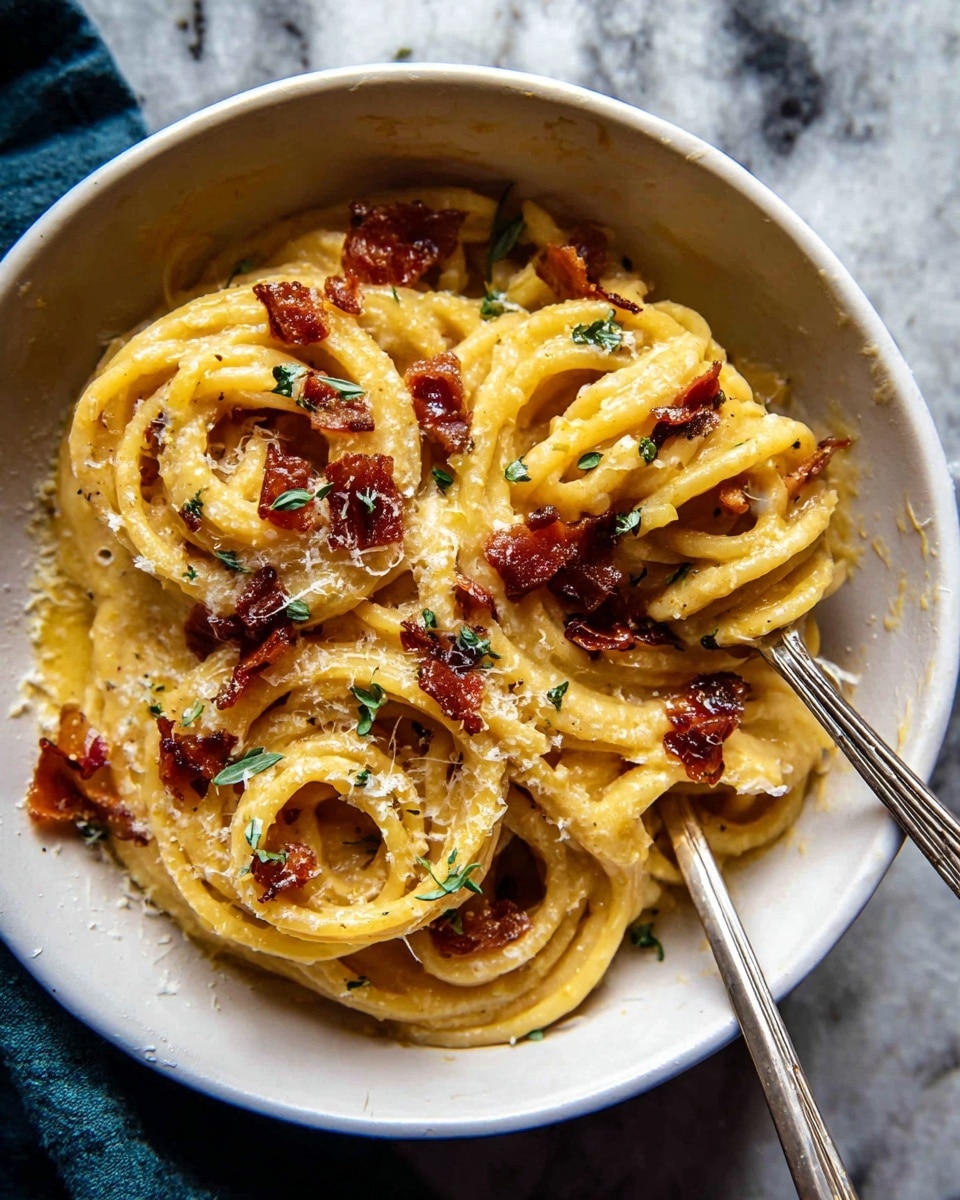 A white bowl filled with creamy yellow spaghetti pasta twisted into soft swirls, topped with small pieces of crispy reddish-brown chips, sprinkled with tiny green herb leaves and finely grated white cheese, resting on a white marbled texture surface with a silver fork placed inside the bowl, some pasta and toppings spilling slightly to one side, photo taken with an iphone --ar 4:5 --v 7