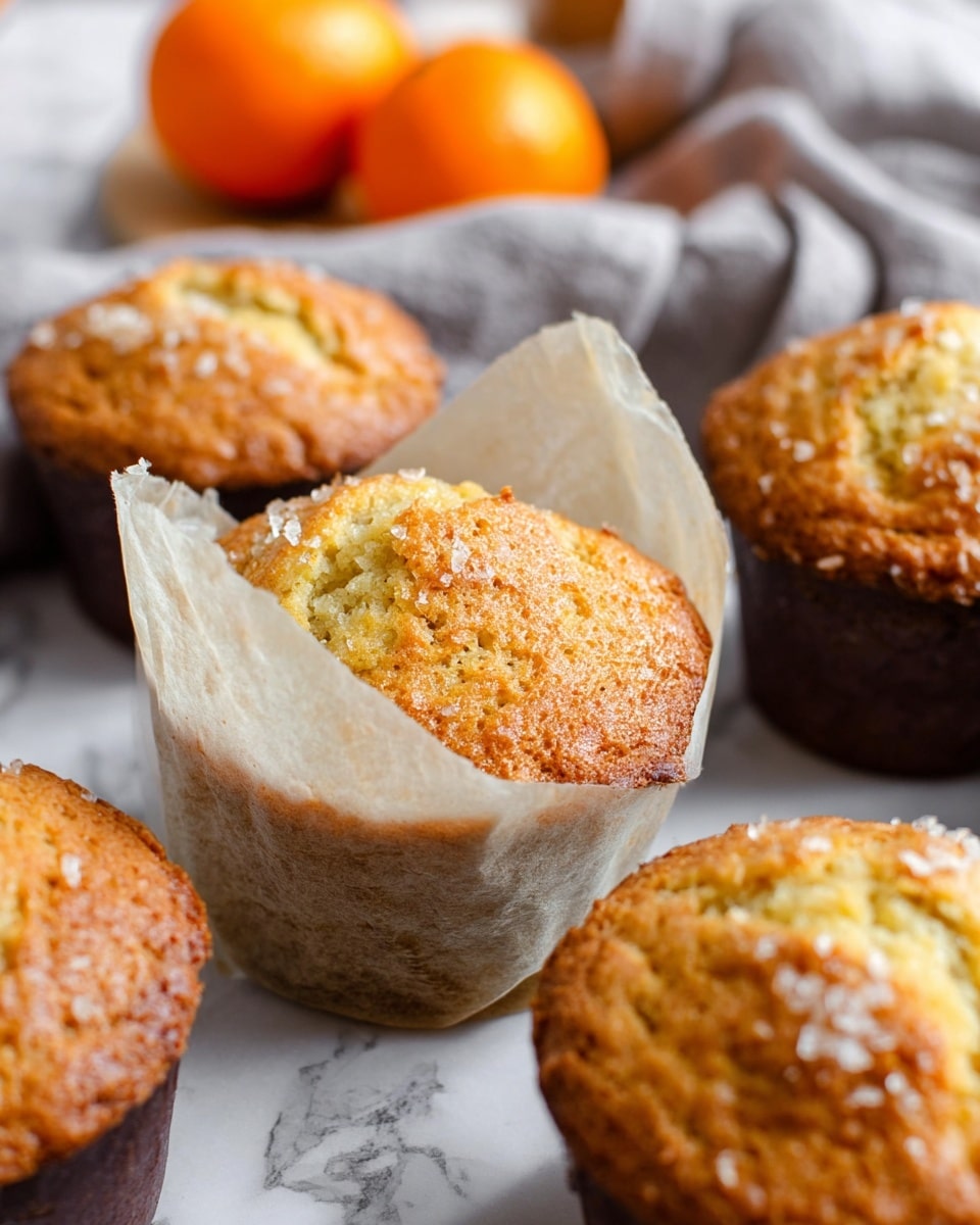 The image shows a close-up of several golden-brown muffins with a slightly cracked top sprinkled with coarse sugar crystals. One muffin in the center is wrapped in a light, crumpled parchment paper liner, making it stand out from the others which are in dark muffin cups. The muffins have a rough, textured surface with a soft, moist inside visible through the cracks. In the background, there is a soft grey cloth and two blurred bright orange tangerines resting on a white marbled surface. The photo taken with an iphone --ar 4:5 --v 7