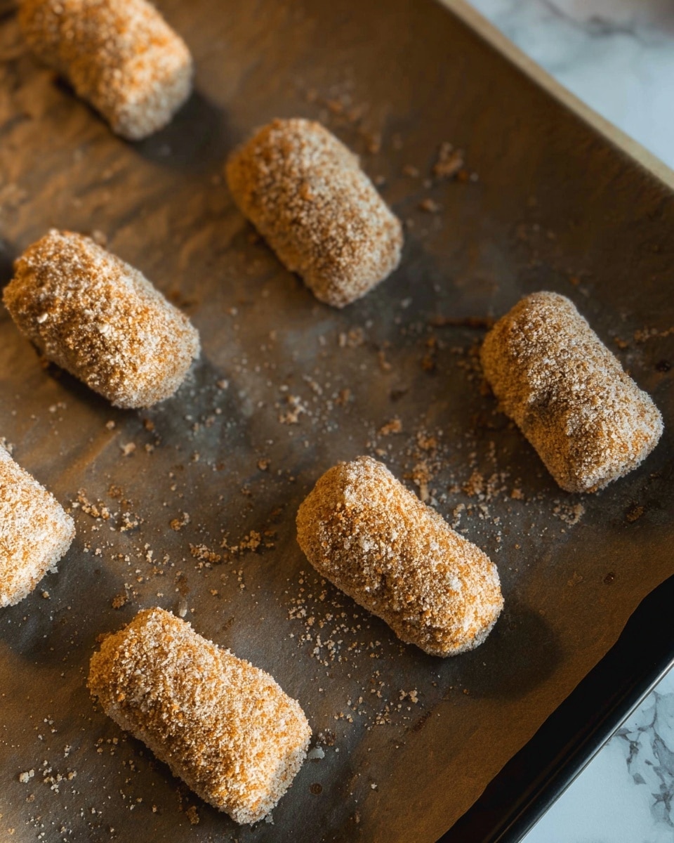 Several breaded croquette-like rolls are placed on a baking tray lined with brown parchment paper, showing a rough light brown crumb coating that looks crunchy. The rolls are arranged in a loose grid with shadows falling on the paper, which rests on a surface with a white marbled texture. The texture of the bread crumbs is coarse, and some loose crumbs are scattered around the tray. The edges of the tray and the parchment paper are visible, with light coming from the upper left side. photo taken with an iphone --ar 4:5 --v 7