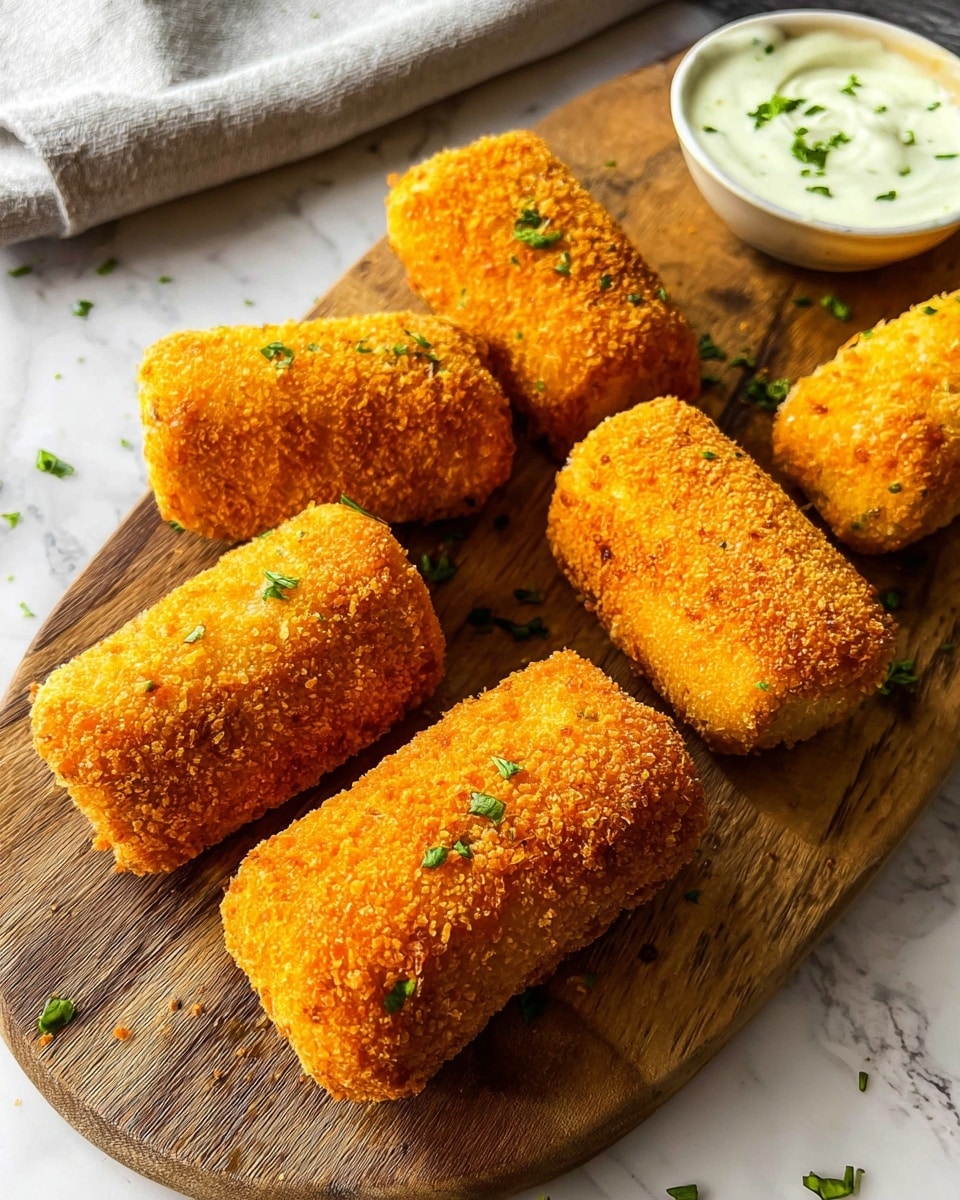 Six golden brown fried roll snacks with a crispy texture are placed on a wooden oval board. The rolls have a rough, crumbly coating and are arranged close together, some lying horizontally and others at a slight angle. Small green chopped herbs are scattered around the rolls on the board. On the right side, a small part of a white bowl filled with creamy white sauce garnished with herbs is visible. The scene is set on a white marbled surface with a folded light gray cloth in the top left corner. Photo taken with an iphone --ar 4:5 --v 7