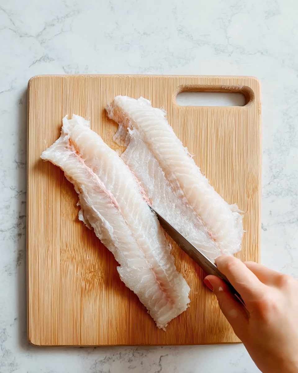 A woman's hand is holding a knife, slicing two long, white pieces of raw fish placed side by side on a light wooden cutting board with a small handle cutout on the left side. The fish has a smooth, slightly translucent texture with some uneven edges, lying flat on the board. The background is a white marbled surface. photo taken with an iphone --ar 4:5 --v 7
