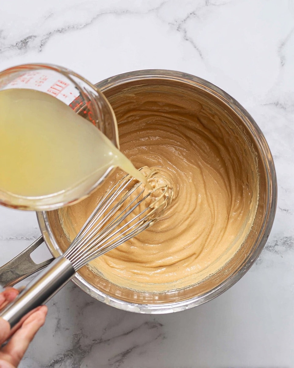 The image shows a stainless steel pot placed on a white marbled surface. Inside the pot is a thick, creamy, pale brown mixture with a smooth texture. A woman's hand holds a metal whisk inside the pot, stirring the mixture. Above the pot, another woman's hand is pouring a clear, light yellow liquid from a clear glass measuring cup into the pot. The scene shows the mixing process with the shiny metal pot and the contrast between the thick mixture and the liquid being added. Photo taken with an iphone --ar 4:5 --v 7