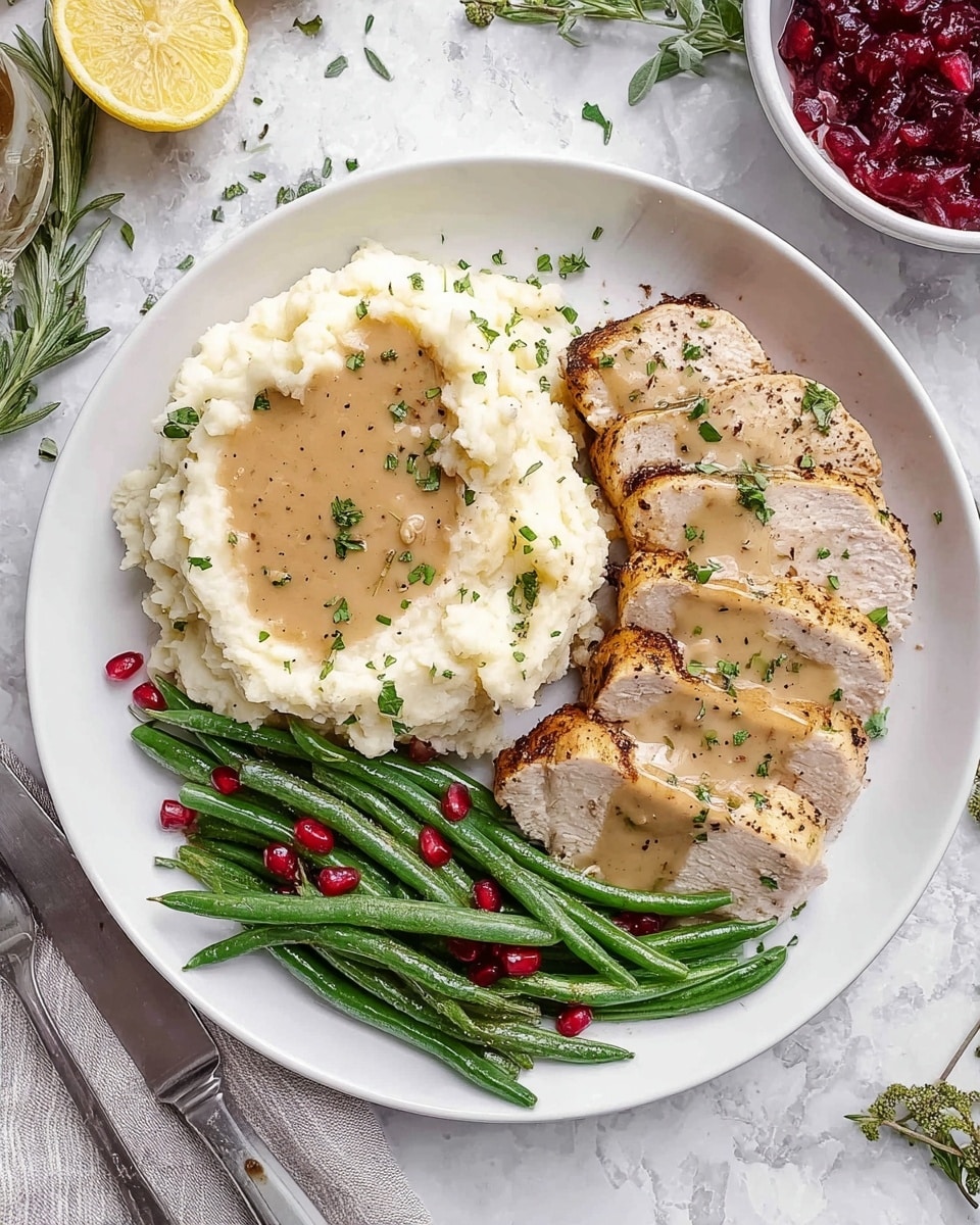 A white round plate holds three main parts: on the left is a mound of creamy white mashed potatoes topped with smooth light brown gravy sprinkled with green herbs and black pepper; on the top right side are three thick slices of grilled light tan meat layered neatly with a light tan sauce drizzled on top and sprinkled with chopped green herbs; below the meat, aligned horizontally, is a neat row of bright green cooked beans garnished with small red pomegranate seeds. The plate sits on a white marbled surface with some green herbs, a halved lemon, and a knife and fork nearby. Photo taken with an iphone --ar 4:5 --v 7
