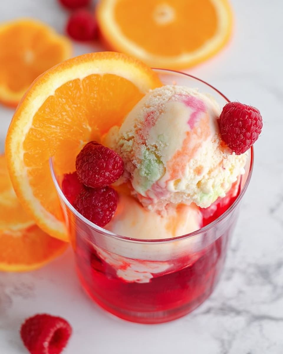 The image shows a clear glass filled with a red gelatin layer at the bottom. On top of the red gelatin, there is a scoop of creamy ice cream that has swirls of pink, cream, and light green colors with a smooth texture. Two fresh raspberries rest on the edge of the ice cream, and a bright orange slice is placed inside the glass, touching the gelatin. The background is a white marbled surface with some orange slices and raspberries scattered around. Photo taken with an iphone --ar 4:5 --v 7