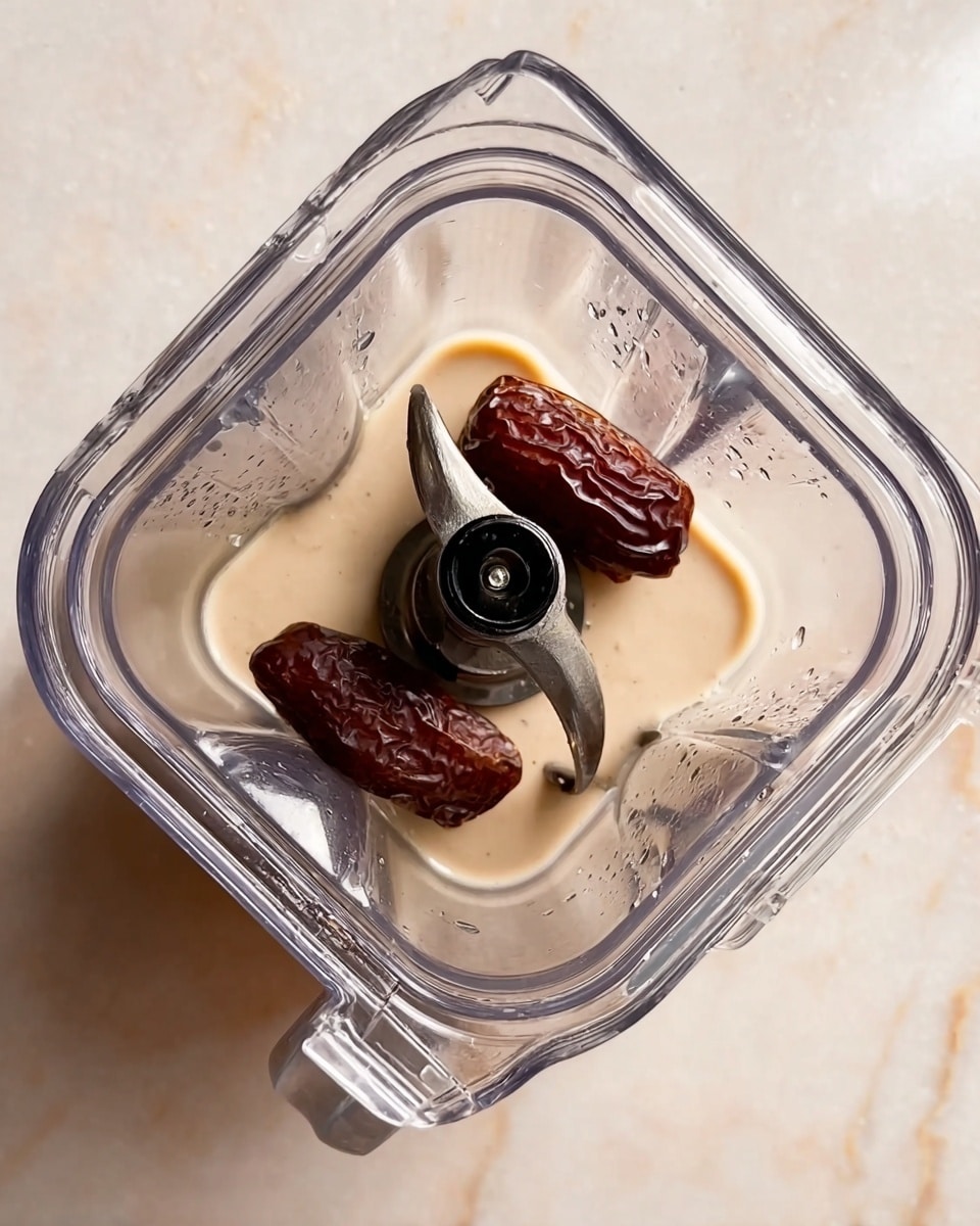 A clear blender square container sits on a white marbled surface, showing inside two whole dark brown dates with texture, placed on top of a small amount of creamy light beige liquid at the bottom. The sharp metal blade with a black center is visible, crossing the middle inside the blender. Small drops of the light liquid cling to the container walls around the blades. Photo taken with an iphone --ar 4:5 --v 7