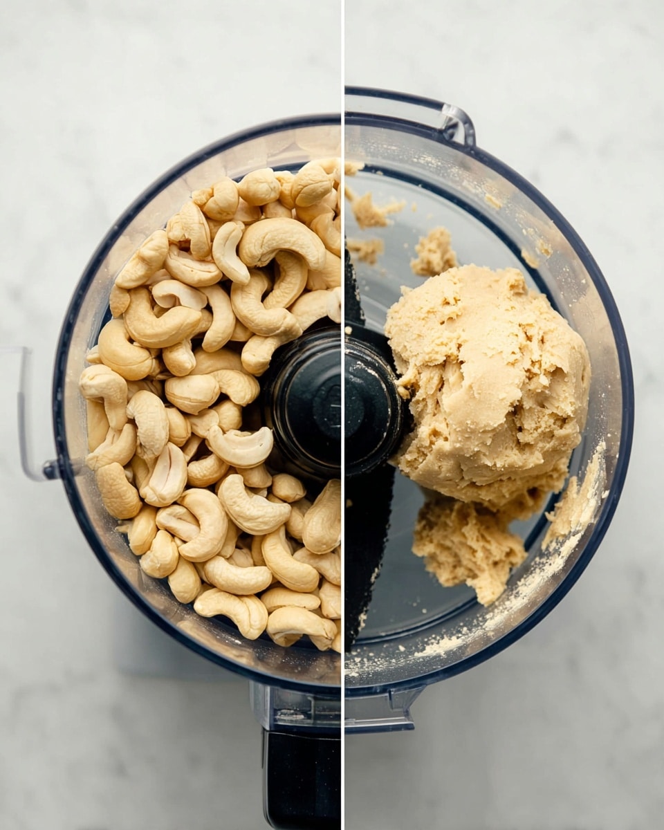 The image shows two top views of a clear food processor placed on a white marbled surface. On the left side, the food processor is filled with whole raw cashews, which are pale yellow with smooth and slightly curved shapes, covering the inside evenly. On the right side, the food processor contains a sticky ball of pale beige cashew butter dough clumped around the black center blade, with some smaller crumbs scattered nearby inside the clear container. Photo taken with an iphone --ar 4:5 --v 7